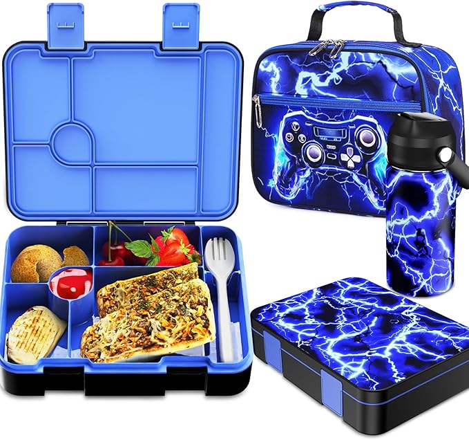Bevalsa Kids Bento Lunch Box with 6 Compartment, Stainless Steel Metal Water Bottle, Insulated Bag & Utensils, BPA-Free Leakproof Food Container for School Boys Girls, Back To School Gift