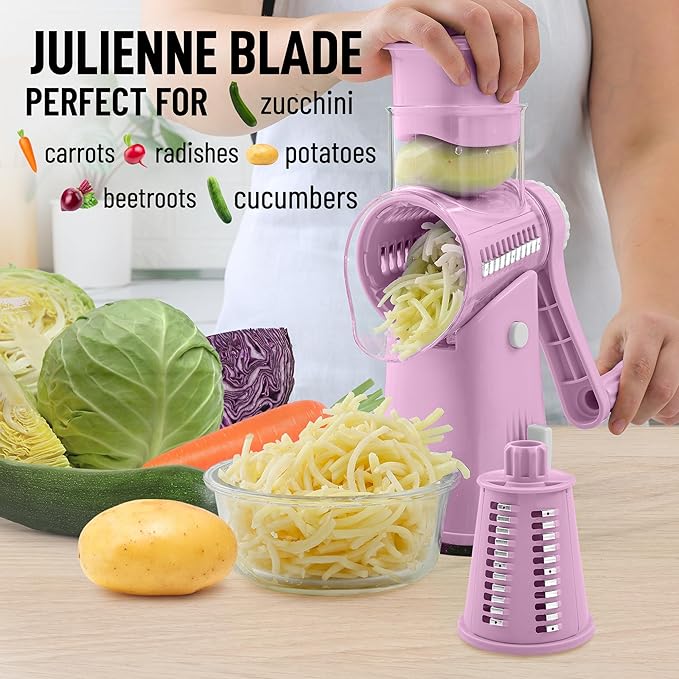 Zulay Kitchen Rotary Cheese Grater 5 Blade Cheese Shredder - Manual Hand Crank Cheese Grater With Reinforced Suction & 5 Interchangeable Drums - Easy to Use, Vegetable Chopper Round Mandoline Slicer