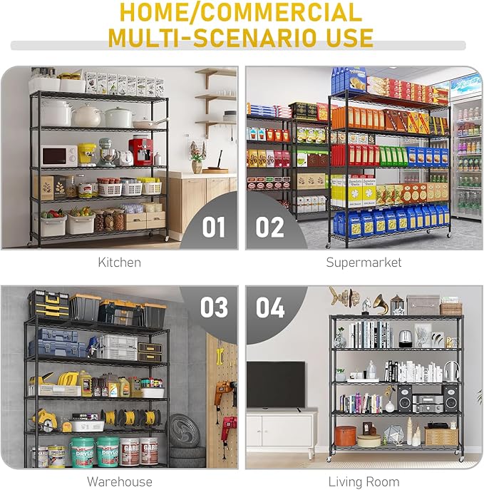 Karl home 5-Tier Adjustable Metal Storage Shelves, Wire Shelving Unit with Wheels & Leveling Feet, Heavy Duty Garage Shelving, Pantry & Kitchen Display Shelf Organizer, Home Storage Rack
