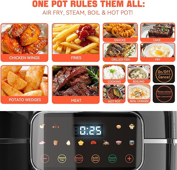 5QT Air Fryer & Multi-Cooker Combo - 12-in-1 Electric Hot Pot, Rice Cooker, Steamer with Removable Air Fry Basket & Soup Pot, 1800W, Dishwasher Safe