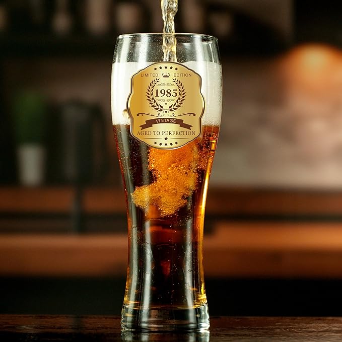 40th Birthday Beer Glasses Gifts, Personalized '1985' Vintage Glass Ware Set for Men, Black Gift Package with Drinking Glass, Coaster, and Card for 40 Years Old Man