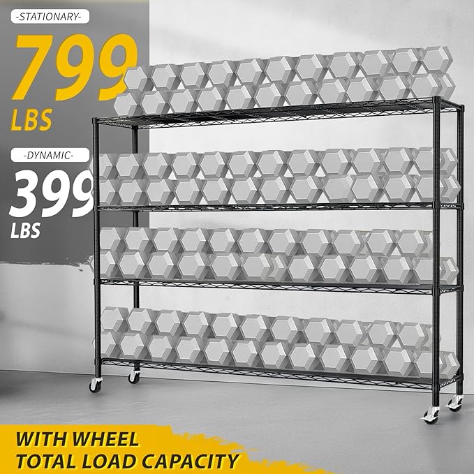 Karl home 4-Tier Adjustable Metal Storage Shelves, Wire Shelving Unit with Wheels & Leveling Feet, Heavy Duty Garage Shelving, Pantry & Kitchen Display Shelf Organizer, Home Storage Rack