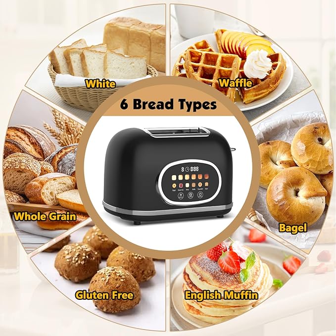 Digital 2-Slice Toaster with Touch Screen - 1.5'' Wide Slots, 6 Browning Levels, 6 Modes (Bagel/Waffle/Muffin) & 3 Functions (Defrost/Reheat/Cancel) + Countdown Timer, Matte Black Retro