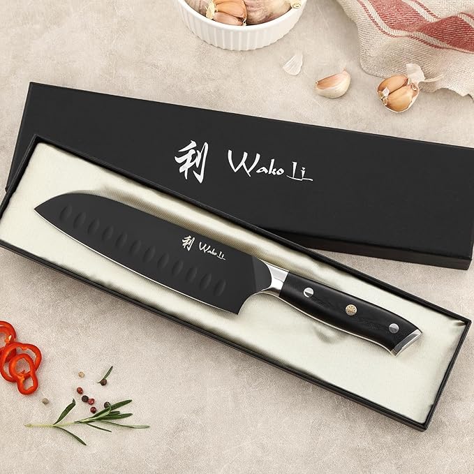 Wakoli Titanium Noir Santoku Knife – 7.1-Inch Professional Chef Knife | 5Cr15MoV Stainless Steel Blade with Black Titanium Coating | Ergonomic G10 Handle | Razor-Sharp Kitchen Knife in Gift Box