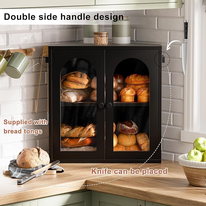 WOWLIVE Corner Bread Box for Kitchen Countertop, 2 Tier Bamboo Bread Storage Container for Homemade Bread with Clear Acrylic Door Panel, Bread Bin Farmhouse Breadbox Organizer (Black, Extra Large)