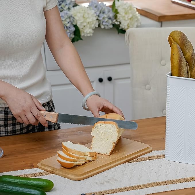 Extra Large Bread Box for Kitchen Countertop Corner Breadbox for Homemade Bread Metal White Diagonal Stripe Pattern Embossed Storage Container Bin with Bamboo Lid Fits 2 Loaves of Bread
