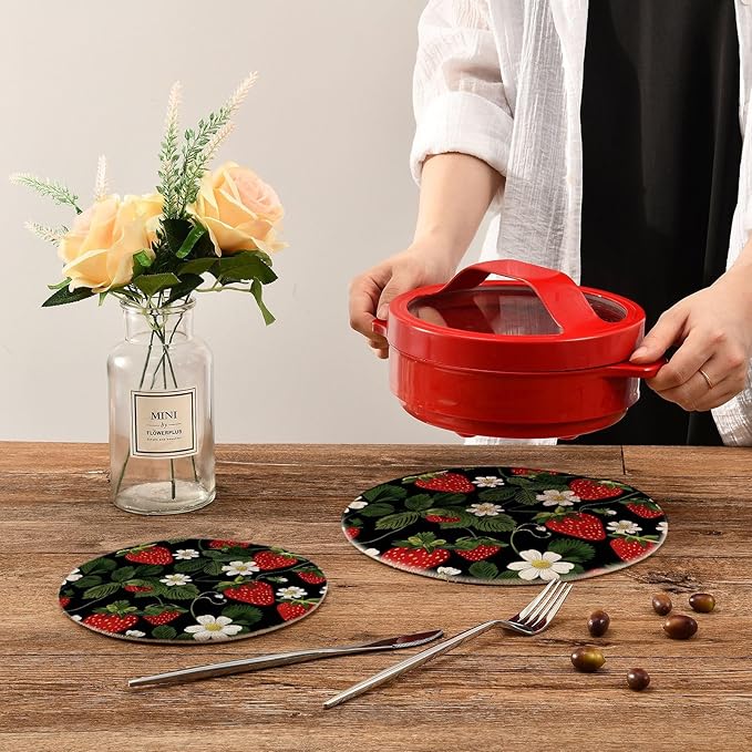 Strawberries Flowers Kitchen Trivets Pot Holders Set of 2, Trivets for Hot Pots Dishes Woven Trivet Coaster Pad Mat for Counter