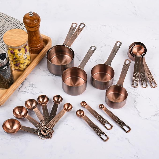 Copper Measuring Cups and Spoons Set 20 for Kitchen & Baking, Metric & US Stainless Steel Measuring Cups and Spoons with Leveler for Dry & Liquid, 8 Copper Plated Measure Cup & 9 Spoon