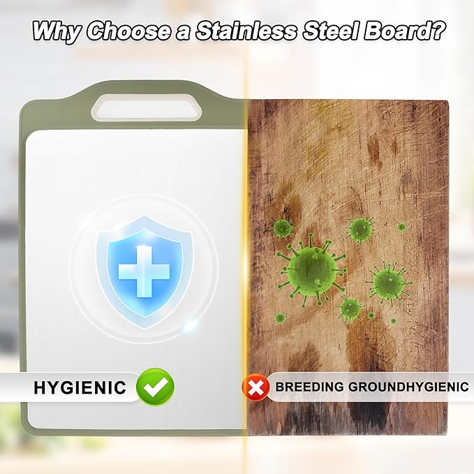 VOCOSTE Double-Sided Stainless Steel Cutting Board, Hygienic Kitchen Board for Meat, Fruits & Vegetables, Dishwasher Safe, Families with Children and Elderly, Green