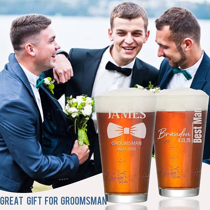 Personalized Groomsmen Beer Pint - 16oz Best Man Beer Glass - Custom Etched Drink Glassware, Engraved Gifts for Wedding Favors, Best Man Proposal Gifts, Bachelor Party