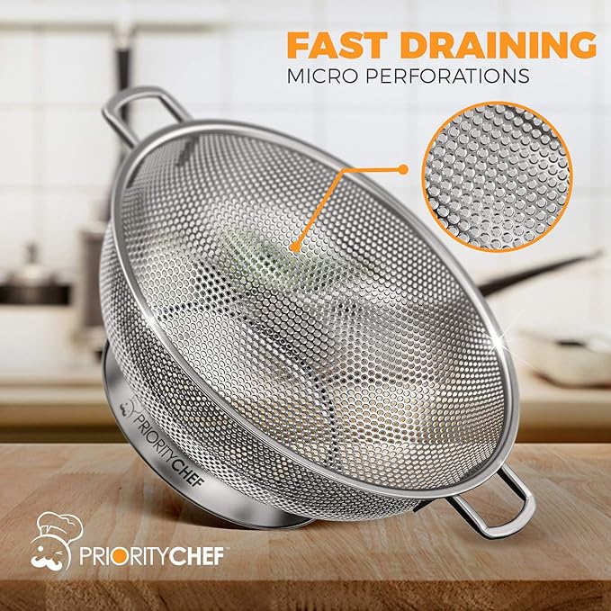 Priority Chef Stainless Steel Colander and Strainer - 3 Quart & 5 Quart Bundle