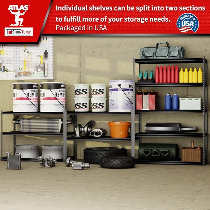 The Atlas 48" W Laminated Heavy Duty Metal Shelving Unit 3250 Lbs Boltless Garage Storage Shelves Utility Rack Shelf Warehouse Pantry Shed 48" W x 24" D x 72" H, Black
