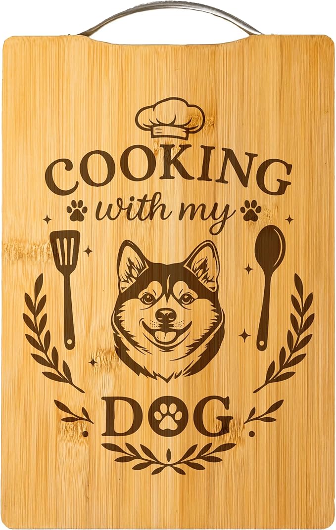 Bamboo Cutting Board, Dog Mom Gift, Personalized Handmade Kitchen Decor – Cooking with My Dog (Shiba Inu)