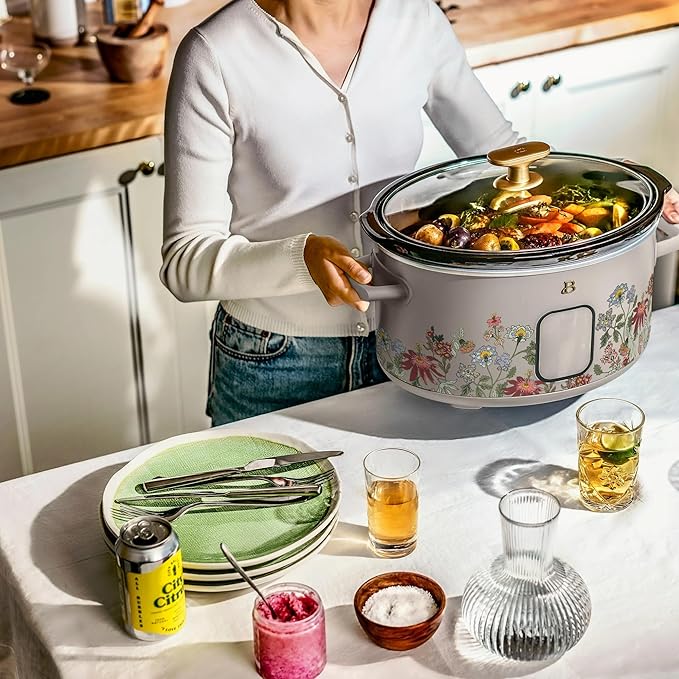 Beautiful 6 Qt Programmable Slow Cooker with Touch Control, Digital Timer and Keep Warm Function – Large Electric pot Capacity Kitchen Appliance by Drew-Barrymore (Wildflower Taupe)