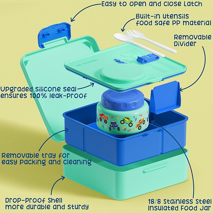 Fimibuke Bento Box for Kids Adult, BPA Free & Leakproof Toddler Lunch Box with 8.5oz Insulated Food Jar, Utensils & Sauce Jar, Dishwasher Safe 3 or 4 Compartment Container for School Girl Boy