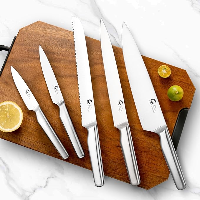 6-Piece Kitchen Knife Set with Ventilated Knife Block – High Carbon Stainless Steel Culinary Knives, Dishwasher Safe, Professional Cooking Knife Set (Chef/Slicer/Bread/Utility/Paring)