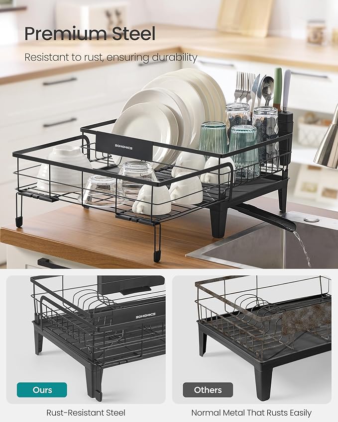 SONGMICS Dish Drying Rack, Kitchen Dish Rack, with Drainboard, 360° Rotatable and Extendable Spout, with Cutlery Holder, 12.2-22 x 16.5 x 7.9 Inches, Ink Black UKCS552B01