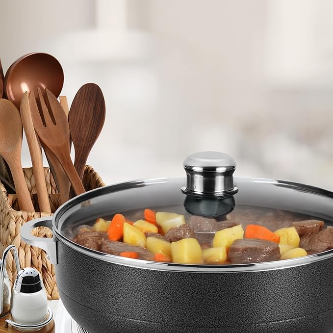 Alpine Cuisine 13-Quart Nonstick Aluminum Caldero Pot with Glass Lid & Riveted Handle | Heavy-Duty Cookware for Large Servings of Stew & Rice | Easy Clean, Black