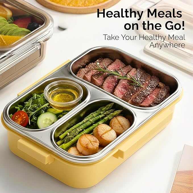 304 Stainless Steel Lunch Box for Adults & Kids, 25oz Leakproof Metal Bento Box with 3 Compartments, BPA-Free, Reusable & Dishwasher Safe Food Container for School,Office,Picnic,Travel(Yellow)