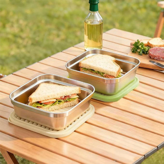 2 Pack Reusable Stainless Steel Sandwich Containers – Durable, Eco-Friendly, Leak-Proof Design, 22 oz (White & Green)
