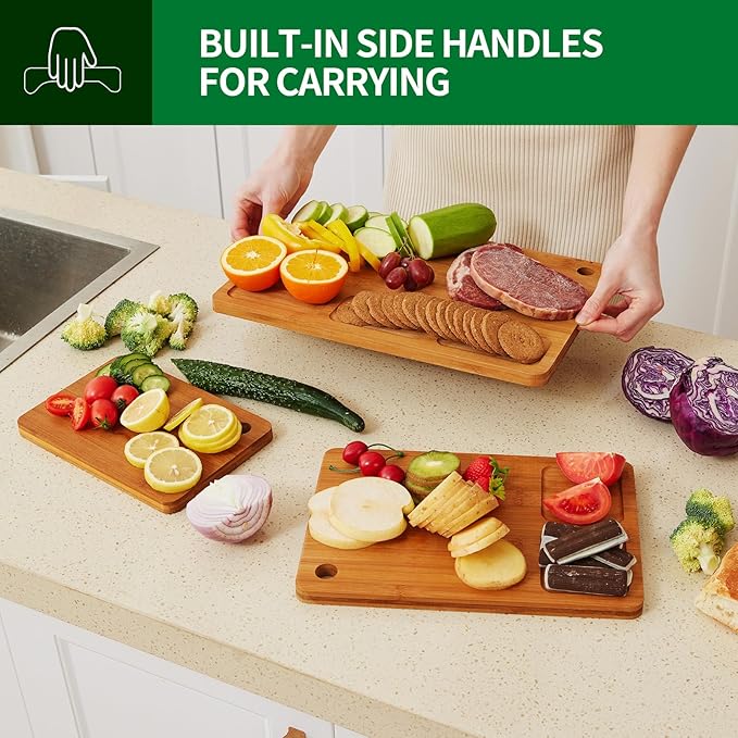 Bamboo cutting boards for home and kitchen,chopping board with juice groove,hanging hole and handles,for charcuterie,meat,bread,cheese,fruit and vegetables,carbonized bamboo, Set of 3(S+M+L)