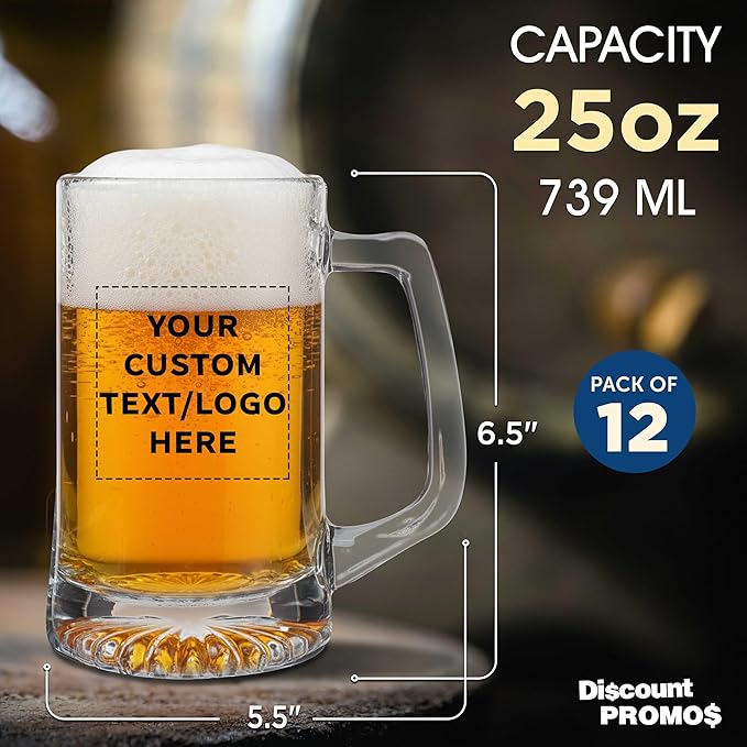 DISCOUNT PROMOS Custom ARC Glass Beer Mugs 25 oz. Set of 12, Personalized Bulk Pack - Great for Octoberfest, Pub, Restaurant - Clear