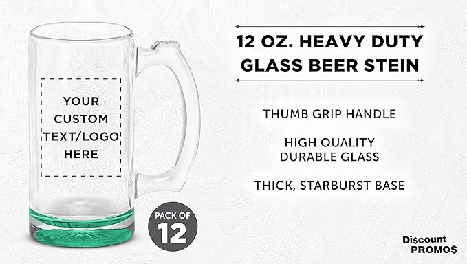 12 Libbey Beer Mugs Set, 12 oz. - Customizable Text, Logo - Groomsmen Glassware - Green