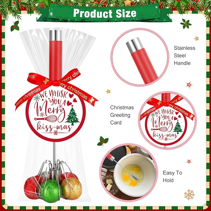12 Pack Christmas Whisk Gifts Set Bulk Christmas Baking Set Includes Stainless Steel Whisk Xmas Greeting Cards Red Ribbons Clear Plastic Bags for Xmas Kitchen Gifts Cooking Baking Supplies