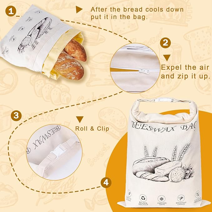 2-Pack Reusable Beeswax Bread Bags for Sourdough & Homemade Bread，Cotton Waxed Bags Keeps Fresh Longer(Ivory Loaf)