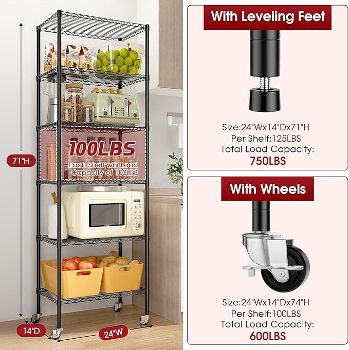 2 PACK 750 lbs Capacity Heavy Duty Garage Wire Rack Shelving, Adjustable 6-Shelf Metal Shelving with Wheels, 14"D x 24"W x 71"H Space-Saving Rolling Storage Shelves for Closet, Kitchen & Garage, Black