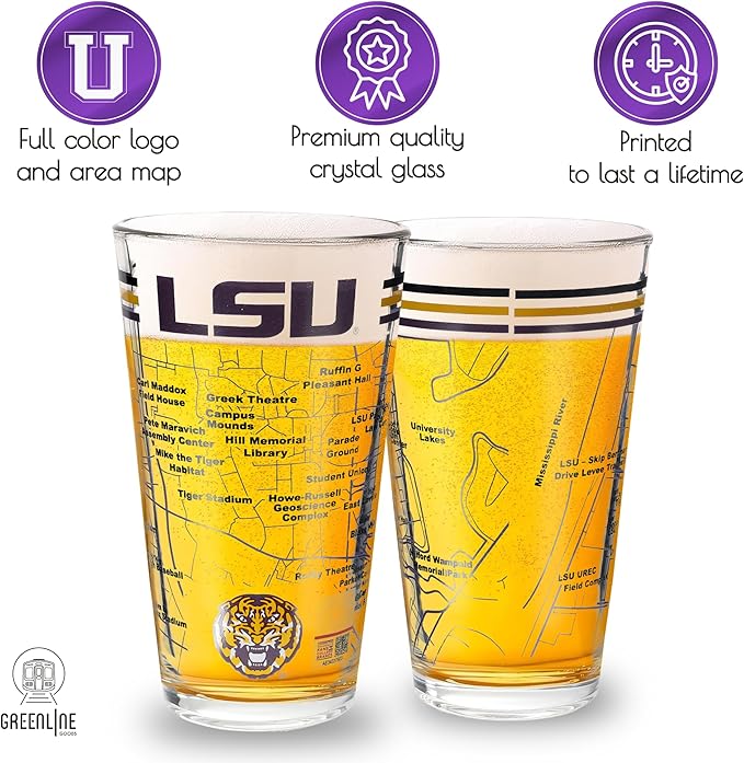 Greenline Goods – University of LSU Tigers College Pint Beer Glasses (Set of 2), 16 oz – Full-Color Logo + Campus Map