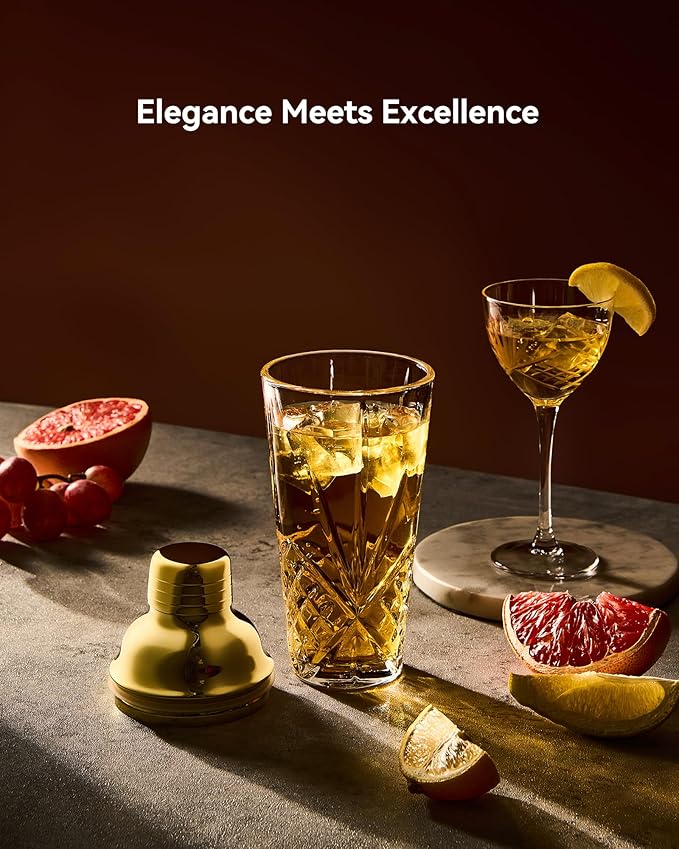 Gold Christmas & New Year Holiday Glass Cocktail&Martini Shaker-15oz, Cutting,Crafting Desgin-Exquisite for Elevated Mixology,Barware, Tableware, Kitchware, House,Espresso Funny Drink Shaker Tool.