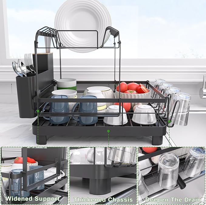 Runnatal 2-Tier Dish Drying Rack, Large Dish Rack with Drainboard Set, Detachable 4-in-1 Large Capacity Dish Drainer Over The Sink Anti-Rust for Kitchen Counter, Black