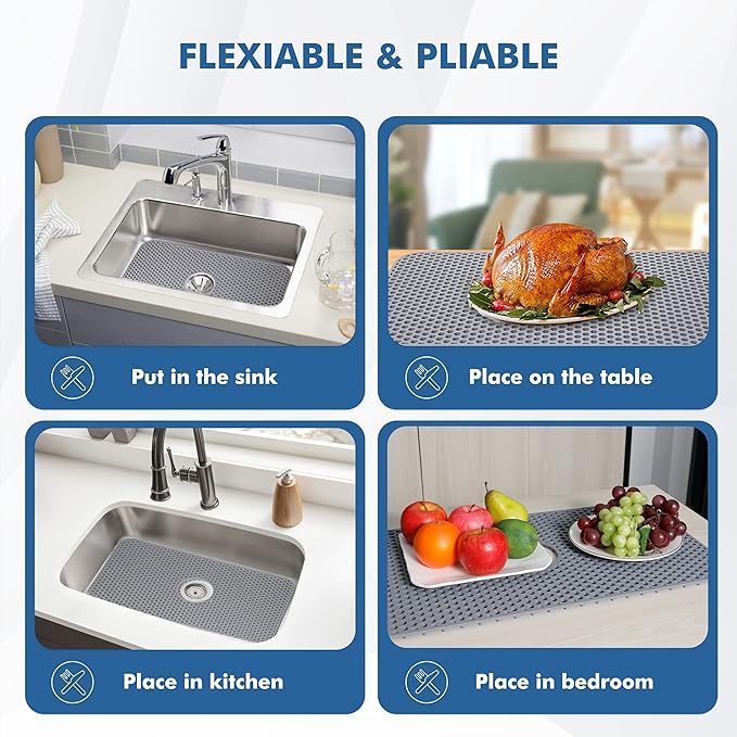 Silicone Sink Mat - 24.8''x13'' Sink Protector for Kitchen Sink with Center Drain - Kitchen Grid Accessory, Non-slip Heat Resistant Mat for Bottom of Farmhouse Stainless Steel (Center Hole)