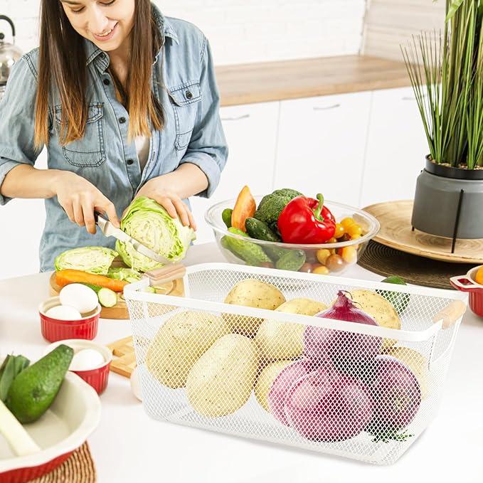 Potato and Onion Storage Bin, 2 Set Potato Bin Storage and Onion Container with Wooden Handle, Pantry Kitchen Organization and Storage, Metal Mesh Baskets for Fruit, Vegetable, Produce-White