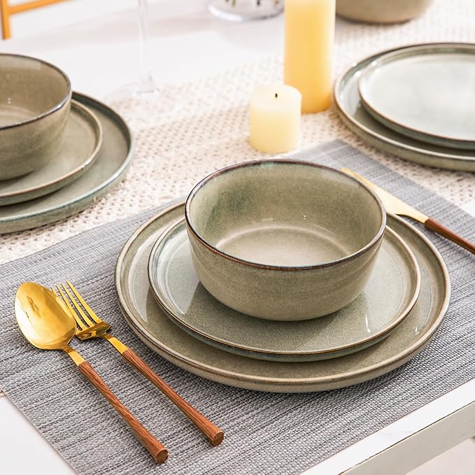 AmorArc Stoneware Dinnerware Sets,Round Reactive Glaze Ceramic Plates and Bowls Sets,Highly Scratch Resistant | Dishwasher & Microwave Safe,Service for 8 Dishes Set (24pc)