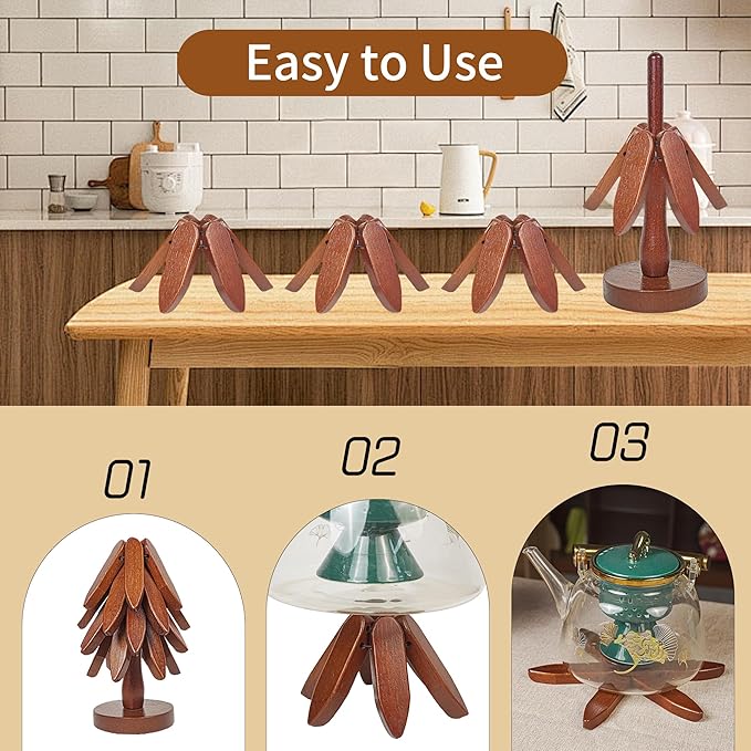 4PCS Wooden Trivets for Hot Dishes, Tree Shape Trivet Set,4 Wood + 1 Stand stored Like a Christmas Tree,Wooden Trivets for Hot Dishes、Pot、Bowl、Teapot、Hot Pot Holder, Brown