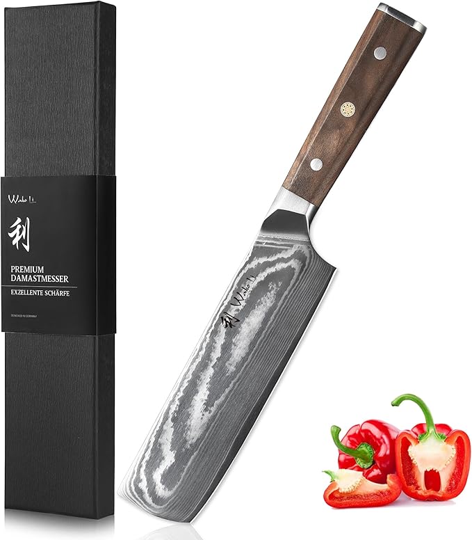 Wakoli HIK Damascus Nakiri Knife – Full Tang Vegetable Knife | 7-Inch Blade Made of 67-Layer Damascus Steel with VG10 Core | Walnut Wood Handle | Sharp, Durable, Gift Box Included