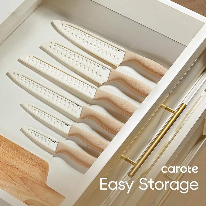 CAROTE 12PCS Knife set with Blade Guards,Granite Nonstick Ceramic Coating,Stainless Steel blade, Wood Grain Handle, Essential knife set,White