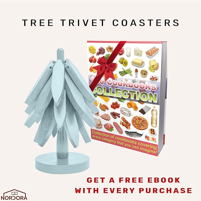 Wooden trivets for hot Dishes – 4 Tree-Shaped Coasters & 1 Stand for Hot Pots, Dishes | Heat-Resistant, Space-Saving Pot Rest & Cozy Kitchen Decor, Tree Trivets for Counter + Special Bonus (Sky Blue)