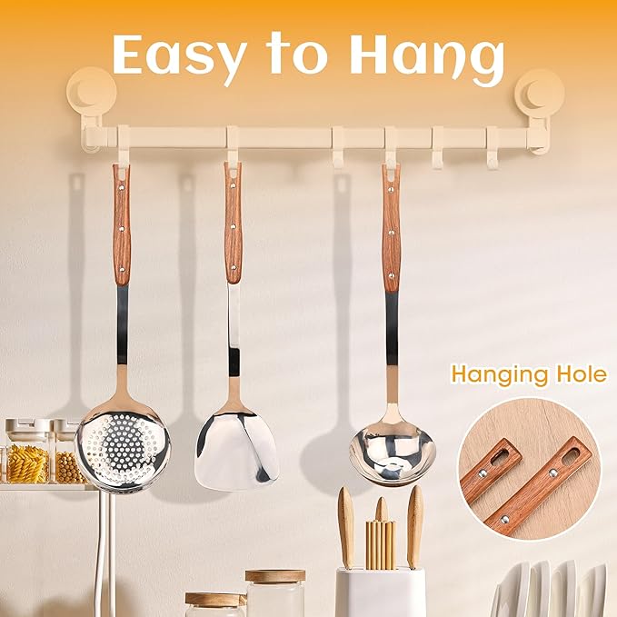 FJNATINH Spatula and Ladle Set, Heat-Resistant Wok Utensils, Stainless Steel Kitchen Utensils for Serving, Cooking, Soup, Set of 3