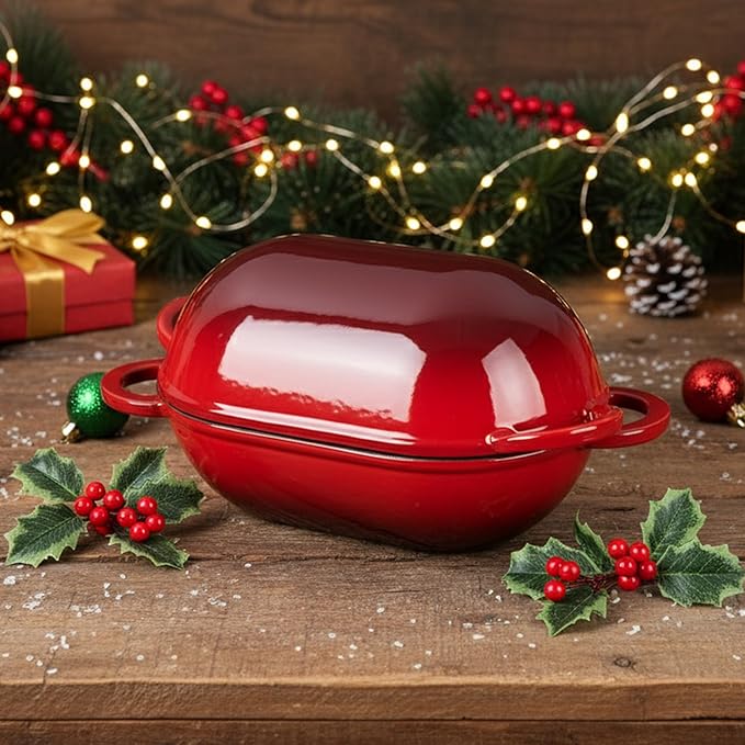 Onader Enameled Cast Iron Dutch Oven, 2.8QT Dutch Oven Pot with Lid for Sourdough Bread Baking, Oval Meatloaf Pan, Heavy Duty - Red