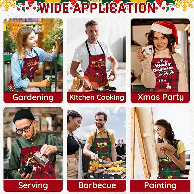 4 Pack Plus Size Funny Christmas Kitchen Aprons for Women Men Adjustable Cooking Chef Aprons Waterproof Bib Aprons Cute Xmas Party Aprons Gift for Bakers Wife Husband Family, Plaid