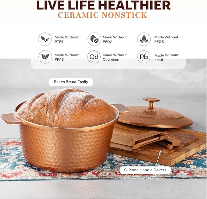 Gotham Steel Hammered 5 Qt Lightweight Dutch Oven Pot with Lid & Holders, Ceramic Non Toxic, Oven Safe & Even Heat Retaining Dutch Oven for Bread Baking Sourdough, Soup, 70% Lighter than Cast Iron