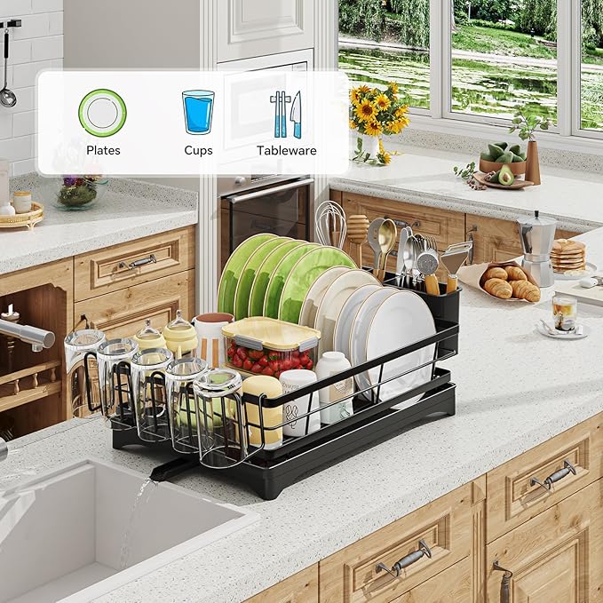 Dish Racks for Kitchen Counter, Rustproof Dish Drying Rack, Dish Drainers with Utensil Holder for Kitchen Sink, Kitchen Organizer for Dishes with Drip Tray, 12" W x 15.7" L, Black