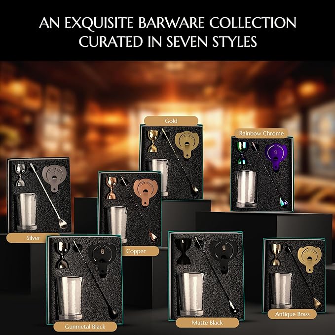 4 Piece Cocktail Kit by Bull In China - Premium Bartender Gift Set Includes Flagship Mixing Glass, 12 inch Barspoon, Bell Jigger & Hawthorne Strainer For Professional & Home Bars (Matte Black)
