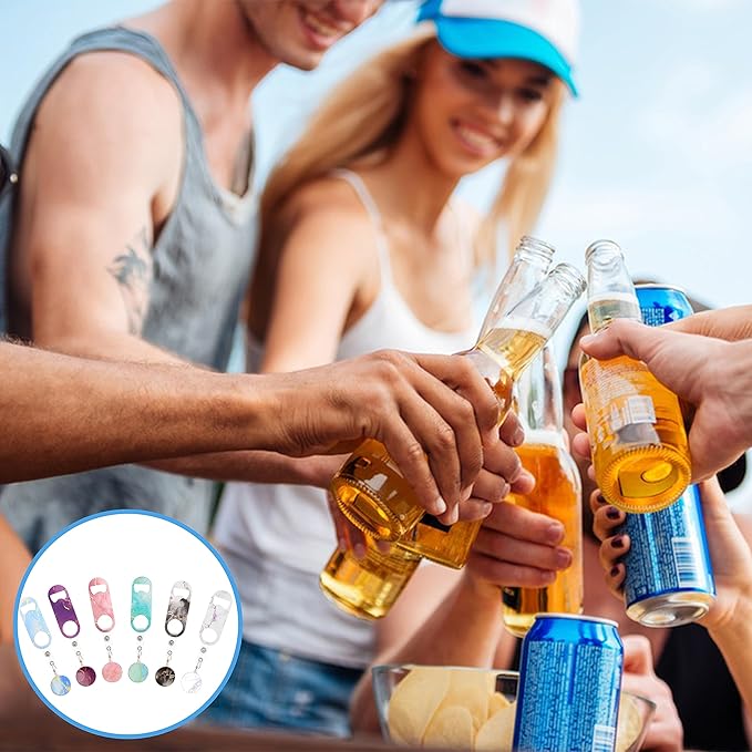 6 PCS Flat Bottle Opener, Mini Retractable Stainless Steel Beer Opener with Round Badge Flat Beer Bottle Opener with Belt Clip for Kitchen Restaurant Party 3.54" x 1.18"