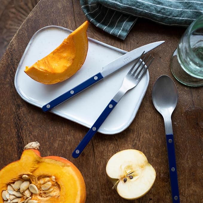 SABRE PARIS - 5-Piece Flatware Set - Bistrot Vintage Collection - Knives, Forks, Soup Spoons, Teaspoons & Dessert Forks - Stainless Steel & Acrylic - Dishwasher Safe - Navy Blue - Mat Finish