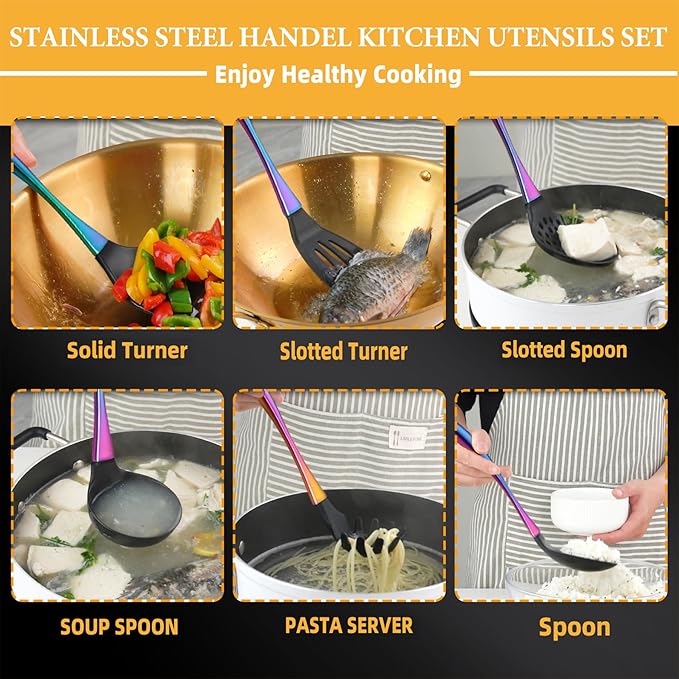 Kitchen Utensils Set, Large Non-stick Silicone Cooking Utensils Set 6 Pcs,Made of 446°F Heat Resistant Food Grade Silicone and Stainless Steel Handles,Easy to Clean Kitchen Gadgets Set (Rainbow)