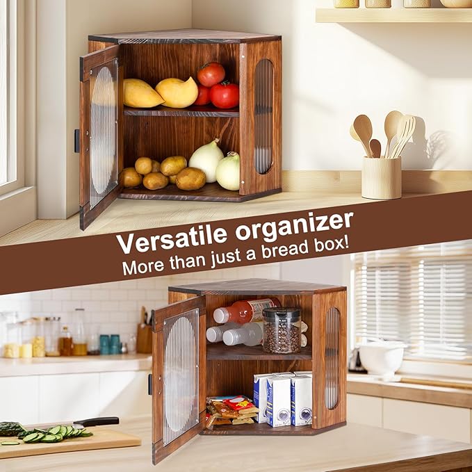 Sunhoo Bread Box for Kitchen Countertop Corner Bread Storage Wooden Breadbox Container 2 Layer Bread Holder Keeper Large Farmhouse Bread Bin Shelf for Homemade Pantry Vintage Acrylic Window(Brown)